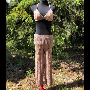 NEW Tan Stretch Knit Pant Crop Top Set Summer Loungewear Beach One Size XS/S